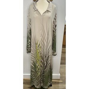 Zinzane‎ (Brazil brand) Green Beige tropical palm Large Maxi Dress Long Sleeve